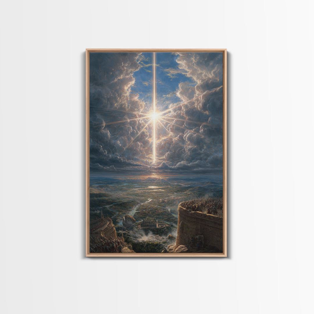 Radiant Cross In Storm Clouds Framed Canvas Print, Christian Wall Art, Celestial Landscape Art, Spiritual Home Decor Gift
