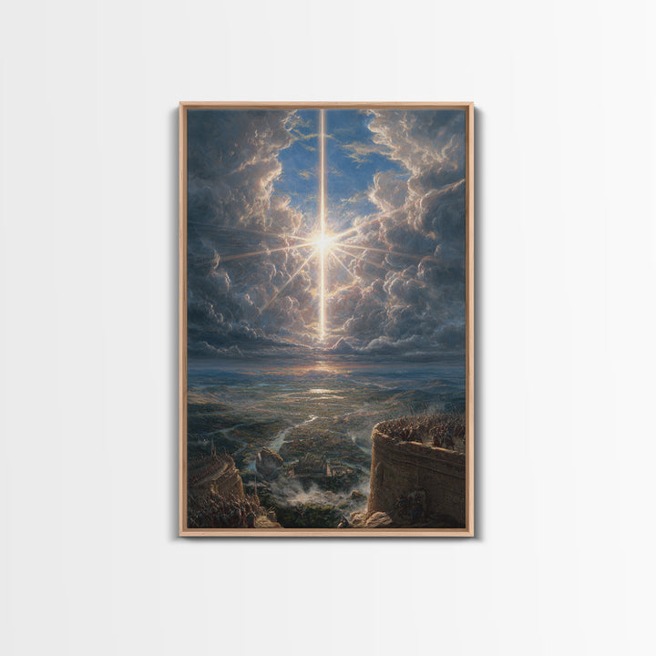 Radiant Cross In Storm Clouds Framed Canvas Print, Christian Wall Art, Celestial Landscape Art, Spiritual Home Decor Gift