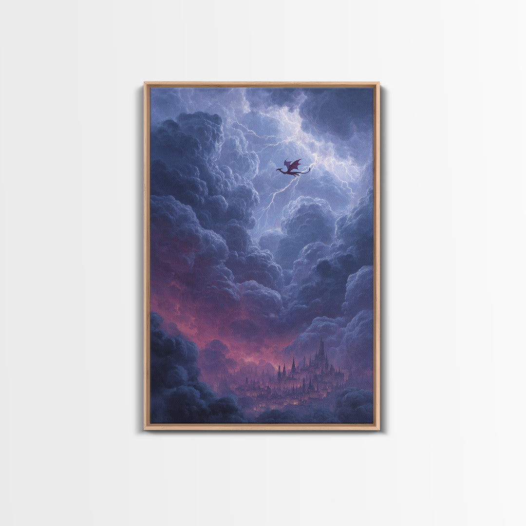 Dragon Over Cloud City Framed Canvas Print, Fantasy Wall Art, Stormy Castle Landscape, Gothic Nursery Decor, Gift For Him