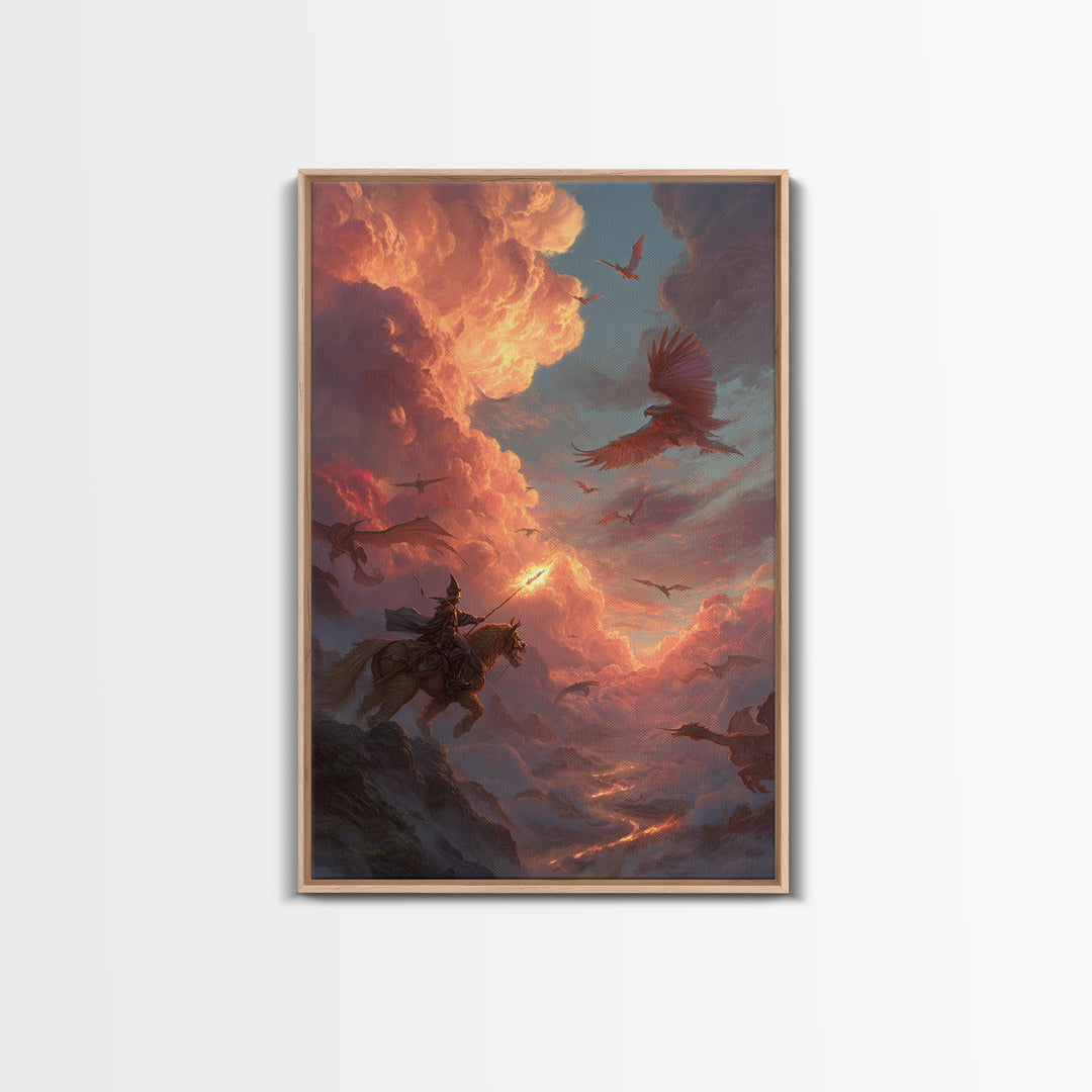 Knight And Phoenix Sunset Sky Battle Canvas Print, Fantasy Wall Art, Dragon Painting, Medieval Decor, Epic Statement Artwork