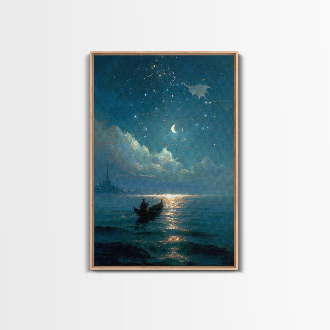 Moonlit Blue Boat And Castle Canvas Print, Celestial Wall Art, Fantasy Seascape Painting, Starry Night Decor, Gift For Her