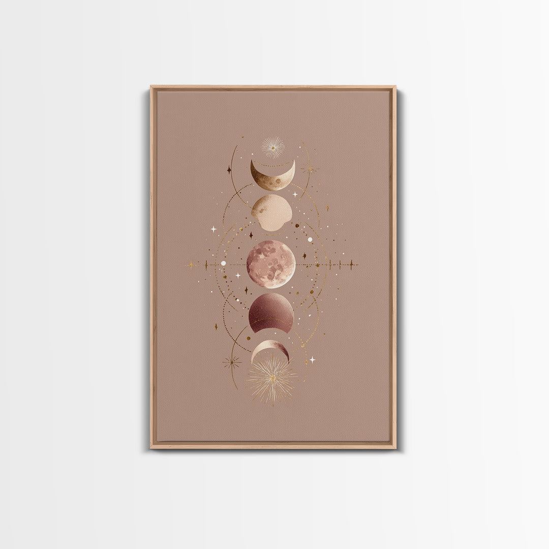 Moon Phases Celestial Wall Art, Taupe Boho Astrology Canvas, Mystical Lunar Decor, Minimalist Bedroom Print Gift For Her