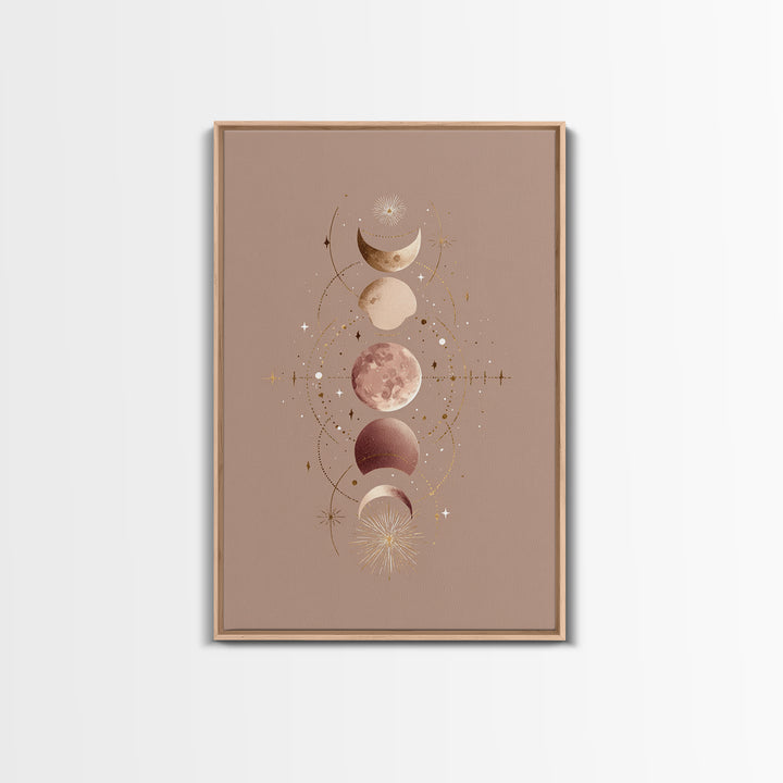 Moon Phases Celestial Wall Art, Taupe Boho Astrology Canvas, Mystical Lunar Decor, Minimalist Bedroom Print Gift For Her