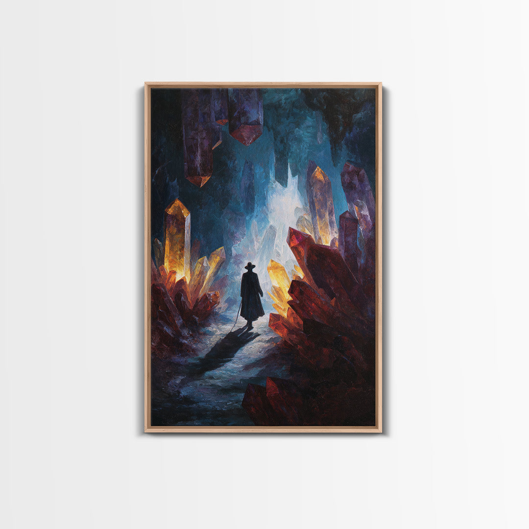 Glowing Crystal Cave Explorer Canvas Print, Fantasy Wall Art, Mystical Gemstone Cavern, Dark Academia Home Decor Gift For Him