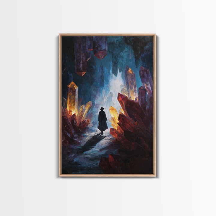 Glowing Crystal Cave Explorer Canvas Print, Fantasy Wall Art, Mystical Gemstone Cavern, Dark Academia Home Decor Gift For Him