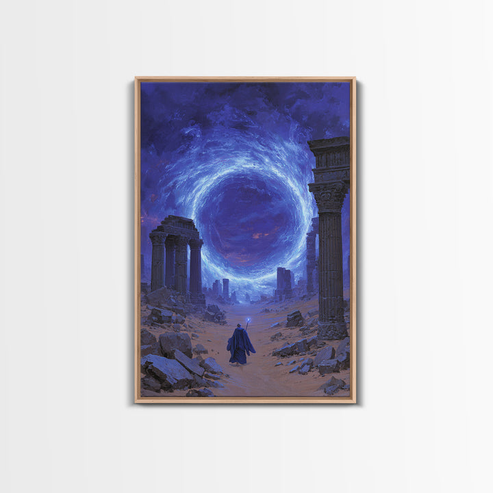 Ancient Ruins Blue Portal Canvas Print, Fantasy Wall Art, Magical Desert Landscape, Wizard Decor, Surreal Home Decor Gift
