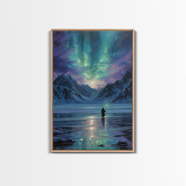Northern Lights Mountain Lake Canvas Print, Aurora Wall Art, Fantasy Landscape Painting, Nordic Decor, Calming Home Decor Gift