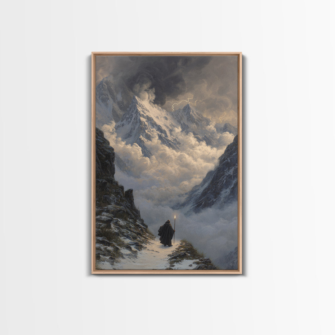 Stormy Snow Mountain Pass Canvas Print, Fantasy Wall Art, Moody Landscape Painting, Adventure Decor, Dramatic Home Decor