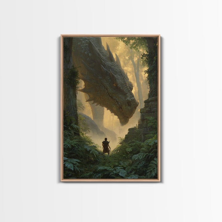 Giant Dragon In Ancient Jungle Ruins Wall Art Fantasy Canvas Print For Living Room Decor, Epic Heroic Gamer Room Gift For Him