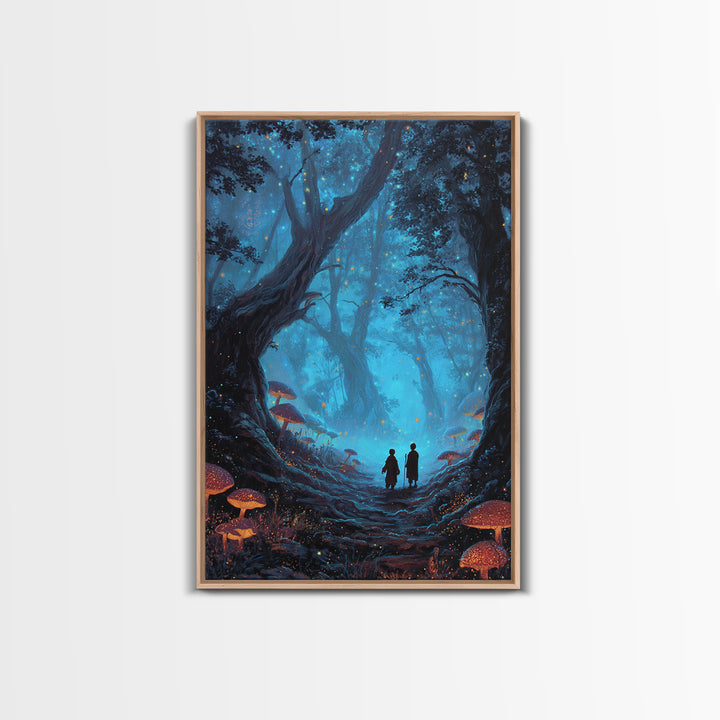 Enchanted Blue Mushroom Forest Wall Art Magical Fantasy Canvas Print For Bedroom Decor, Whimsical Fairy Tale Gift For Her