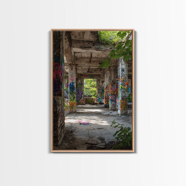 Sunlit Abandoned Graffiti Building Wall Art Urban Decay Photography Print, Industrial Office Decor For Modern Lofts Gift