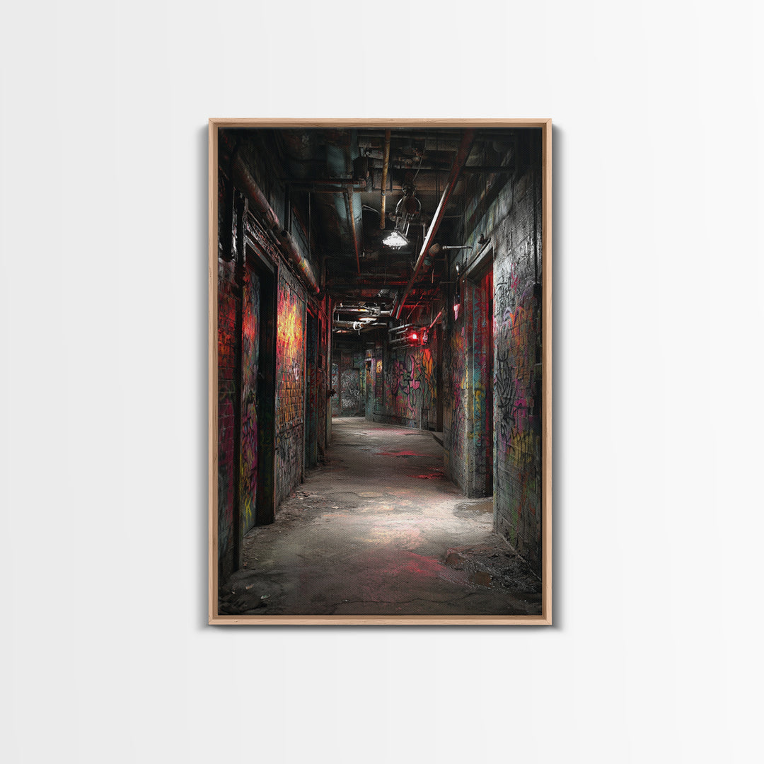 Dark Graffiti Tunnel Wall Art Urban Street Photography Print, Industrial Corridor Decor For Office Or Man Cave Gift Idea