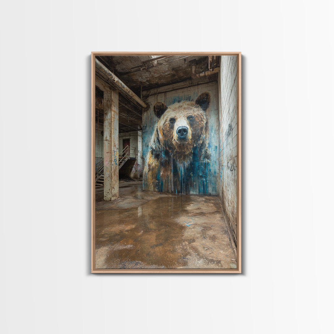 Realistic Bear Mural In Industrial Ruins Wall Art Urban Wildlife Canvas Print, Rustic Animal Decor For Cabin Or Office Gift