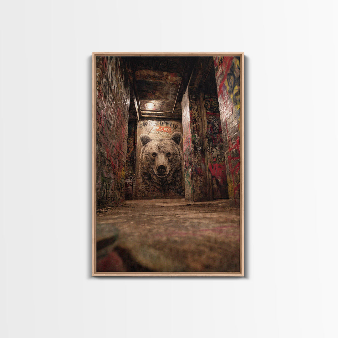 Moody Bear Portrait Graffiti Tunnel Wall Art Urban Wildlife Canvas Print, Dark Industrial Decor For Man Cave Or Office Gift