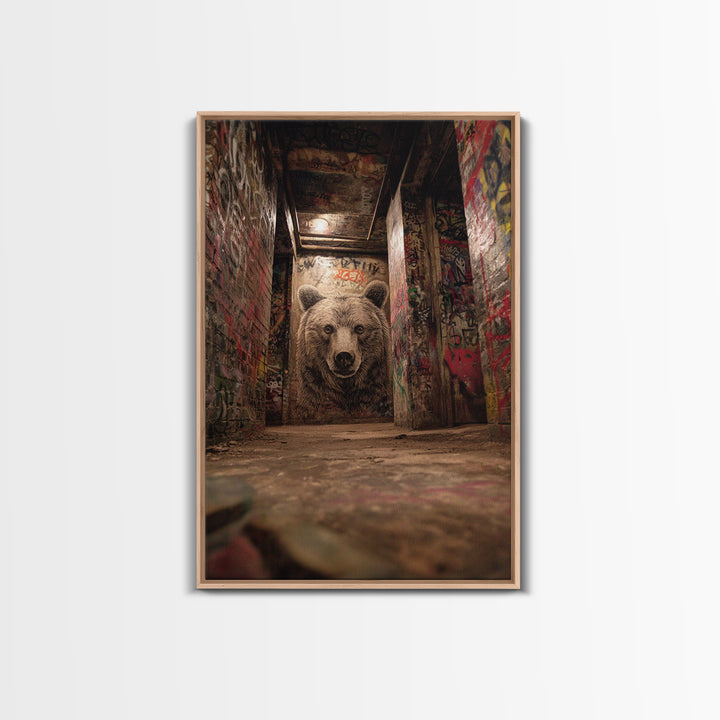 Moody Bear Portrait Graffiti Tunnel Wall Art Urban Wildlife Canvas Print, Dark Industrial Decor For Man Cave Or Office Gift