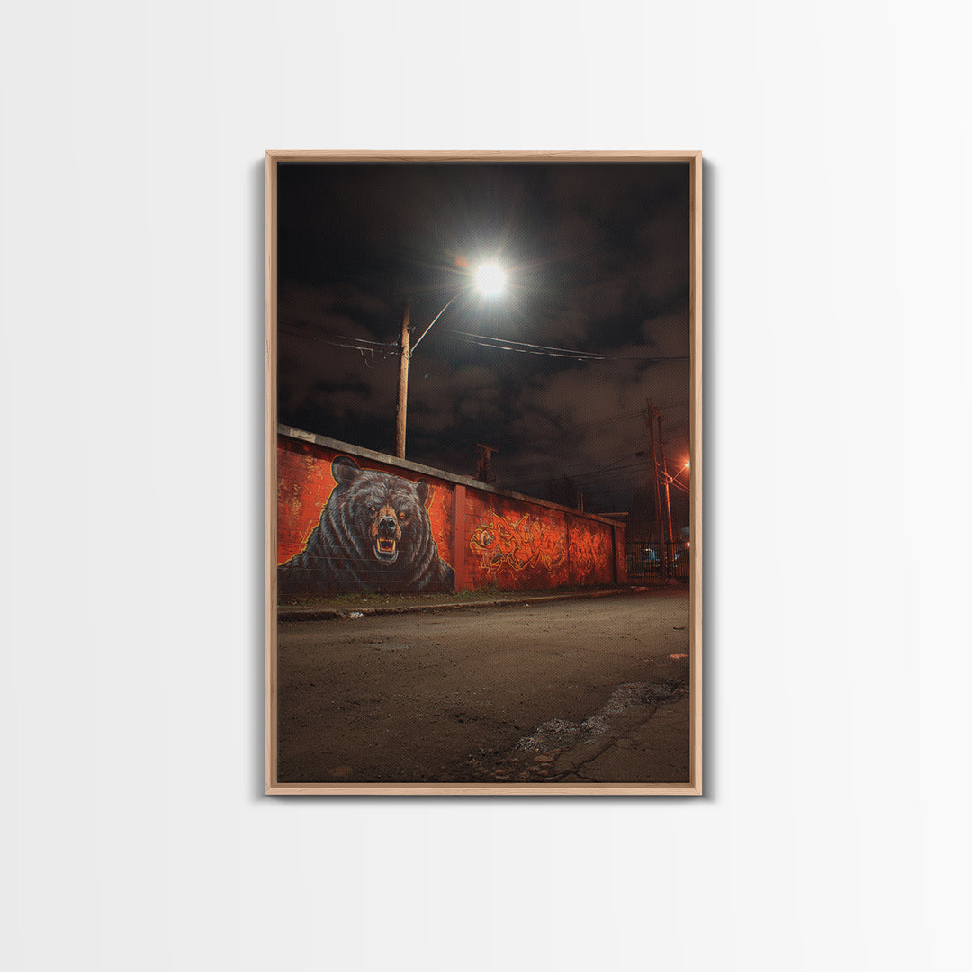 Night Street Bear Graffiti Wall Art Urban Wildlife Canvas Print, Red Brick Mural Decor For Man Cave Or Industrial Office