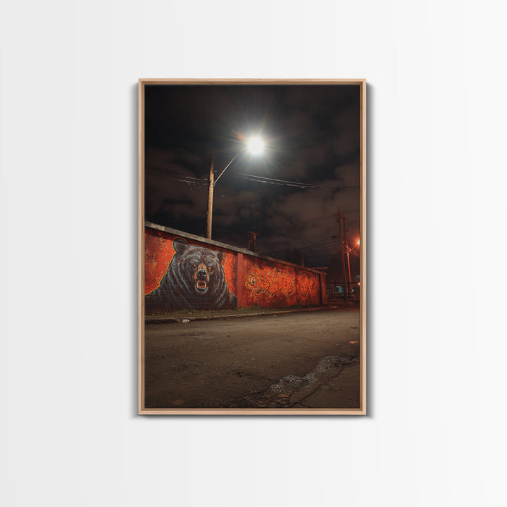 Night Street Bear Graffiti Wall Art Urban Wildlife Canvas Print, Red Brick Mural Decor For Man Cave Or Industrial Office