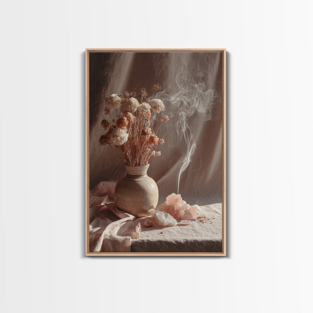 Dried Flowers With Incense Smoke Framed Canvas Print, Boho Wall Art, Rose Quartz Decor, Spiritual Bedroom Wall Decor Gift