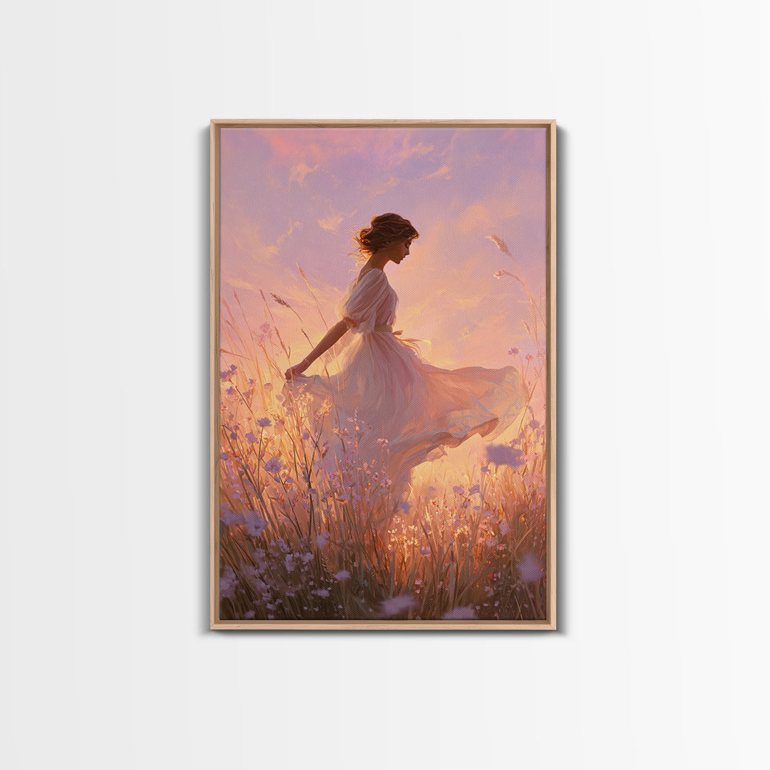 Sunset Meadow Woman In White Dress Wall Art, Romantic Wildflower Canvas Print, Feminine Bedroom Decor, Living Room Decor, Gift For Her