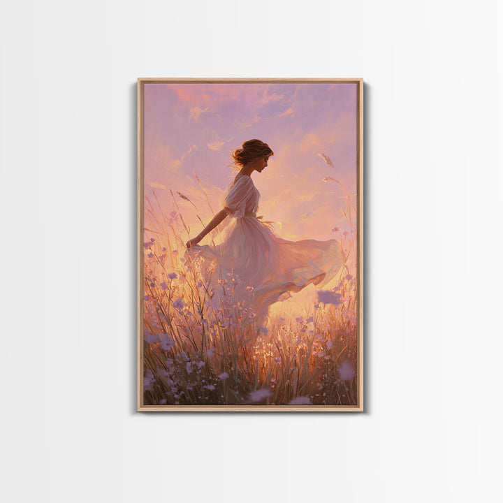 Sunset Meadow Woman In White Dress Wall Art, Romantic Wildflower Canvas Print, Feminine Bedroom Decor, Living Room Decor, Gift For Her