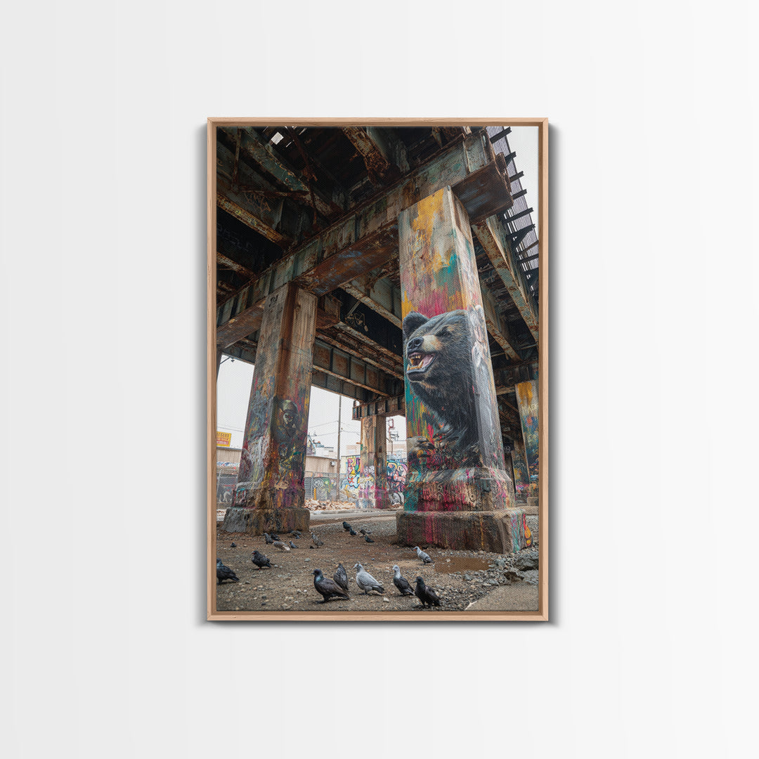 Vibrant Street Art Bear On Grungy Urban Pillar Graffiti Wall Painting Framed Canvas Print Trendy Wall Art
