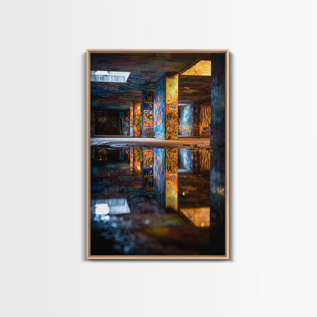 Colorful Graffiti Art With Reflections In Urban Underground Tunnel Wall Art Framed Canvas Print