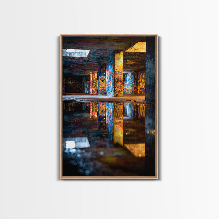 Colorful Graffiti Art With Reflections In Urban Underground Tunnel Wall Art Framed Canvas Print