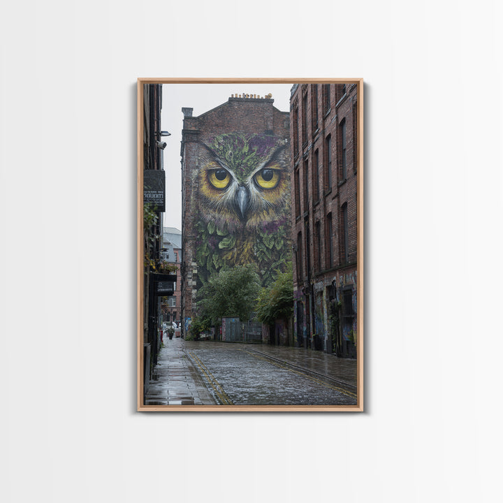 Large Vibrant Owl Mural Painted On Brick Building Wall In City Street - Original Wall Art Canvas Print For Urban Decor