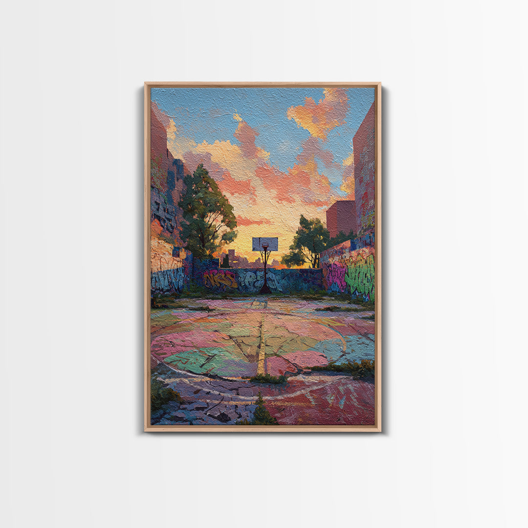 Urban Graffiti Basketball Court Sunset Colorful Street Art Canvas Print Vibrant Wall Art For Modern Living Room