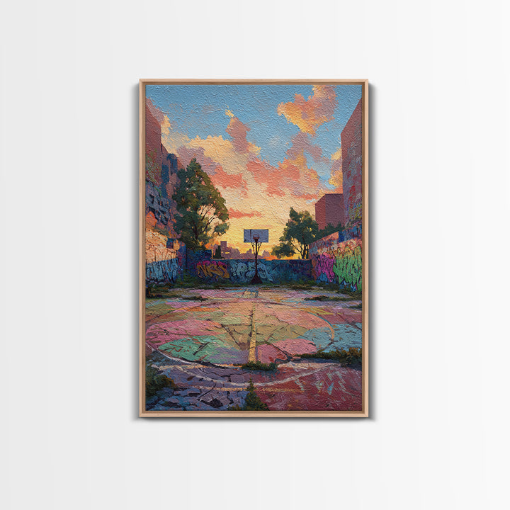 Urban Graffiti Basketball Court Sunset Colorful Street Art Canvas Print Vibrant Wall Art For Modern Living Room