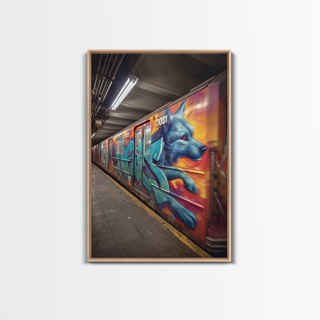 Graffiti Art Subway Train With Blue Dog Design Urban Street Art Canvas Print For Unique Contemporary Wall Decor
