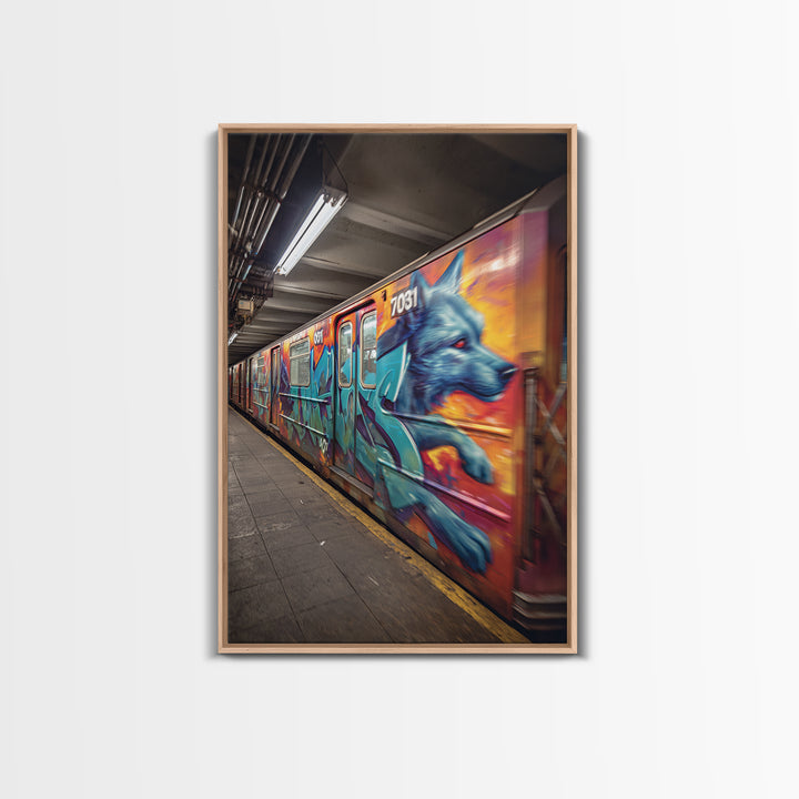 Graffiti Art Subway Train With Blue Dog Design Urban Street Art Canvas Print For Unique Contemporary Wall Decor