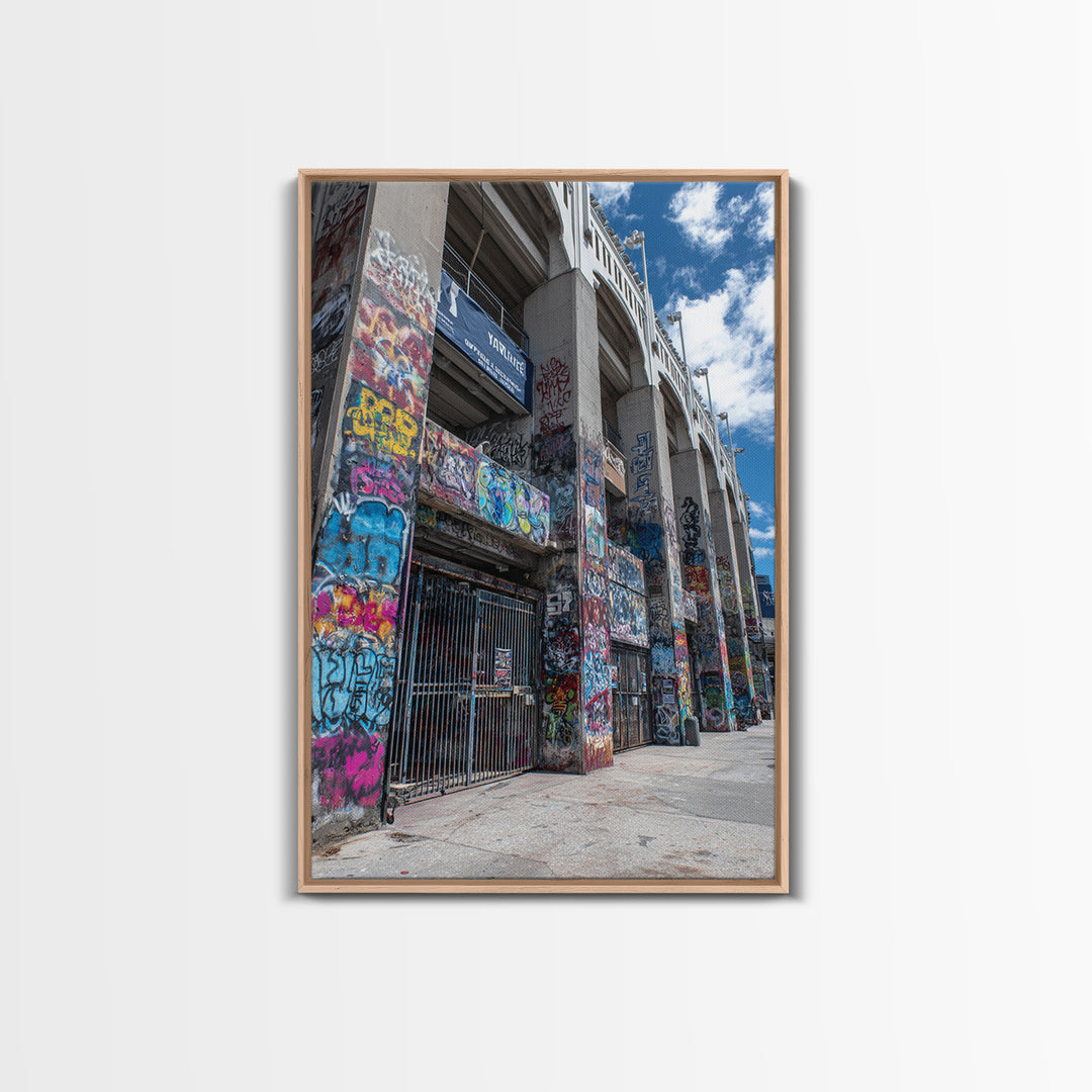 Abandoned Urban Street Art Graffiti Wall With Blue Sky | Vibrant Modern Wall Art Print For Home Decor Framed Canvas Print