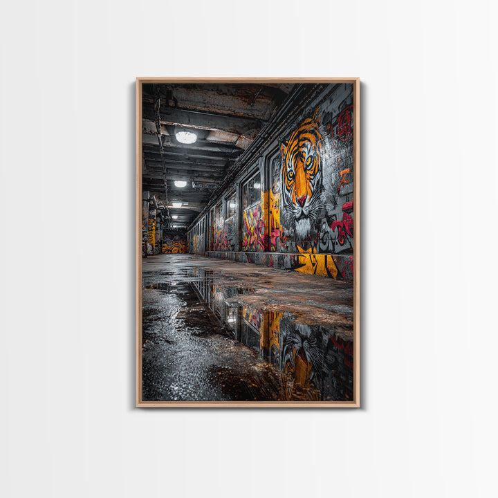 Urban Subway Corridor With Tiger Graffiti Art Moody Street Art Wall Decor - Canvas Print For Industrial Loft And Urban Spaces