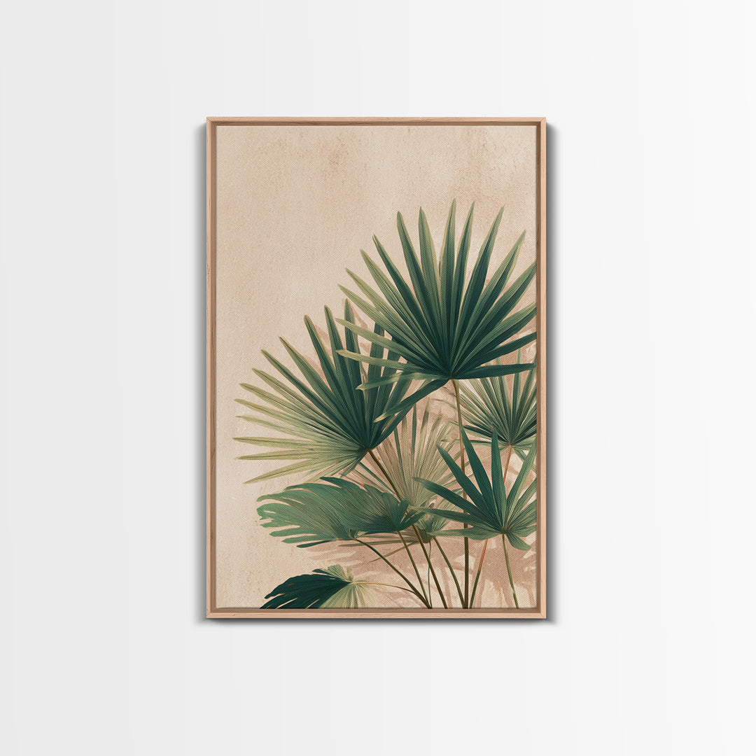 Green Fan Palm Botanical Wall Art, Tropical Leaf Canvas Print, Coastal Boho Living Room Decor, Large Nature Inspired Art