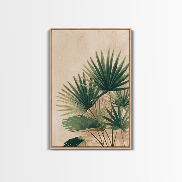 Green Fan Palm Botanical Wall Art, Tropical Leaf Canvas Print, Coastal Boho Living Room Decor, Large Nature Inspired Art
