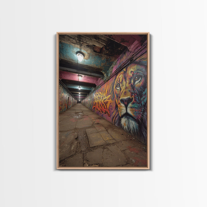 Urban Subway Tunnel Animal Graffiti Wall Art Colorful Lion Mural Framed Canvas Print For Street Art Lovers And Man Cave