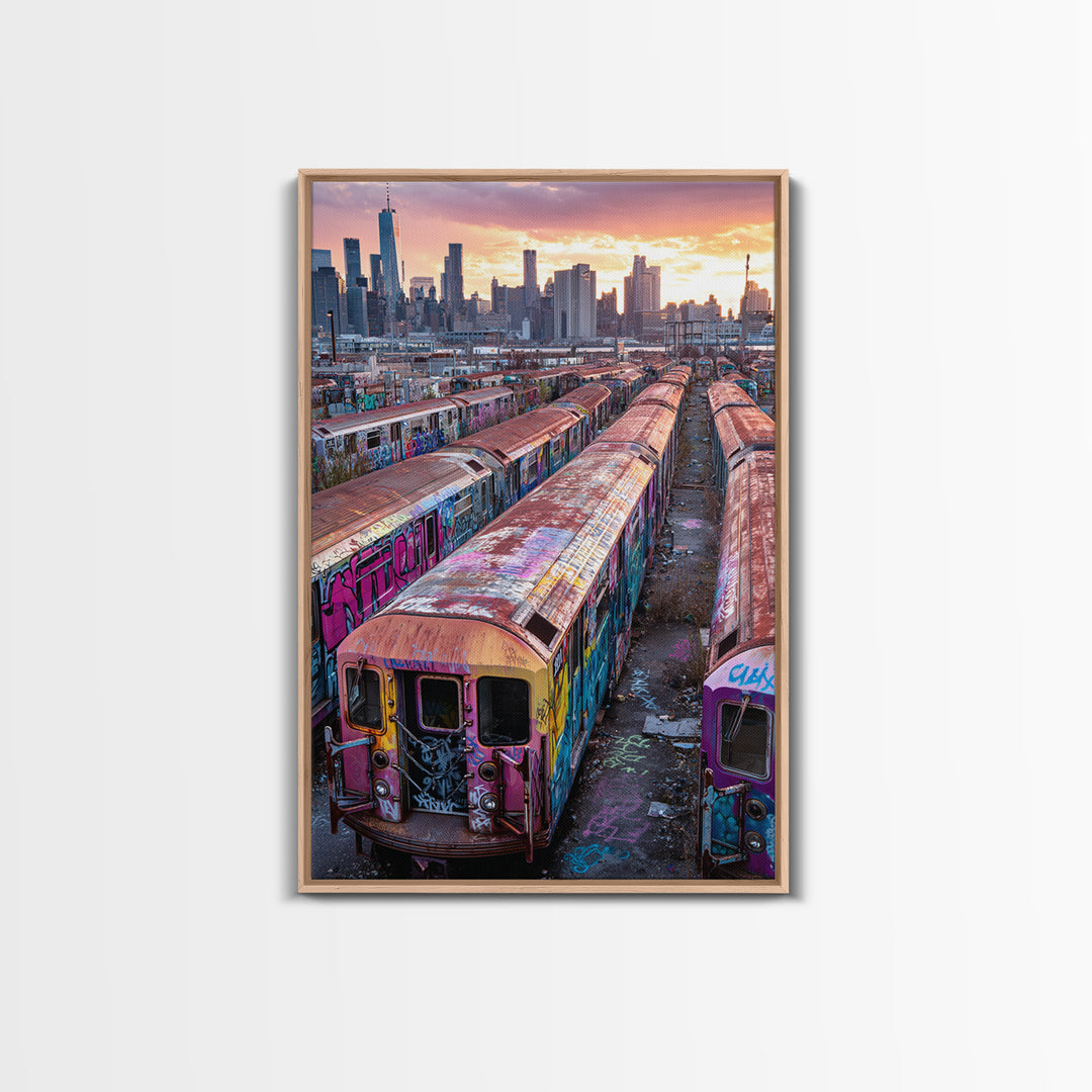 Abandoned Graffiti Covered Subway Trains Cityscape Urban Wall Art Print | Modern Wall Art Home Decor Gift For Him
