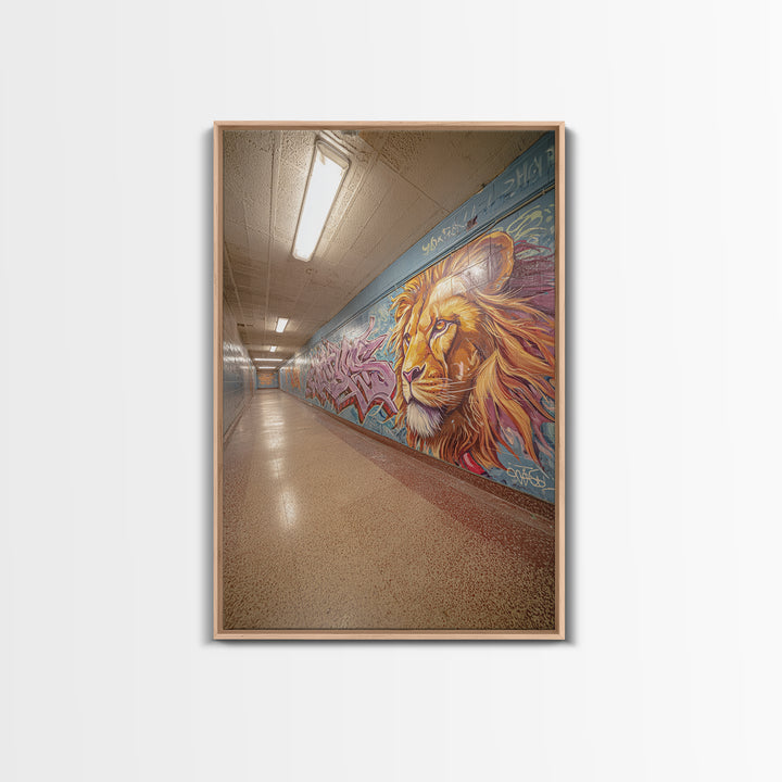 Artistic Lion Mural In City Tunnel Hallway Urban Street Art Decor | Vibrant Wall Art Print For Home Or Office Framed Canvas