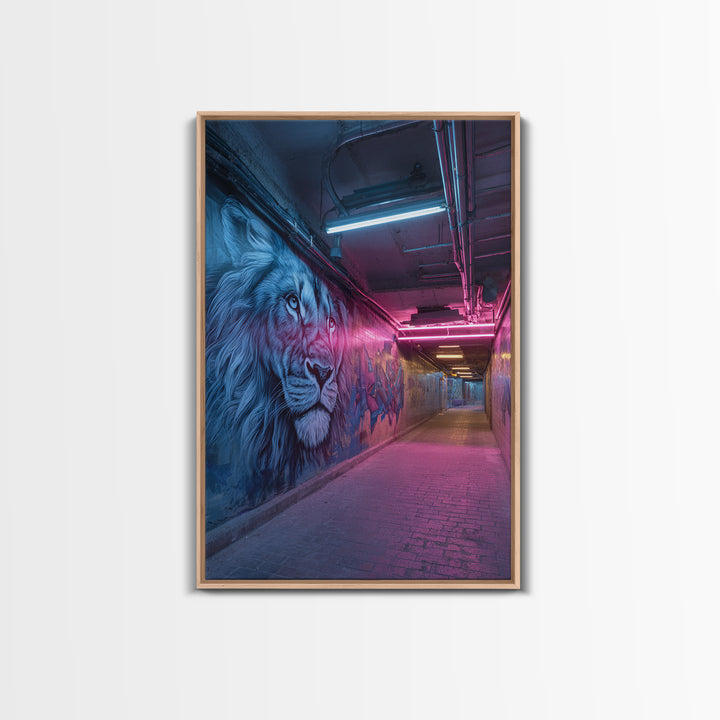 Vibrant Neon Alleyway Street Art With Majestic Lion Mural Wall Art Framed Canvas Print For Urban Home Decor