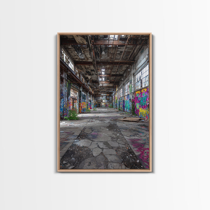 Vibrant Urban Graffiti In Abandoned Warehouse Wall Art Decor Framed Canvas Print For Modern Home Decor