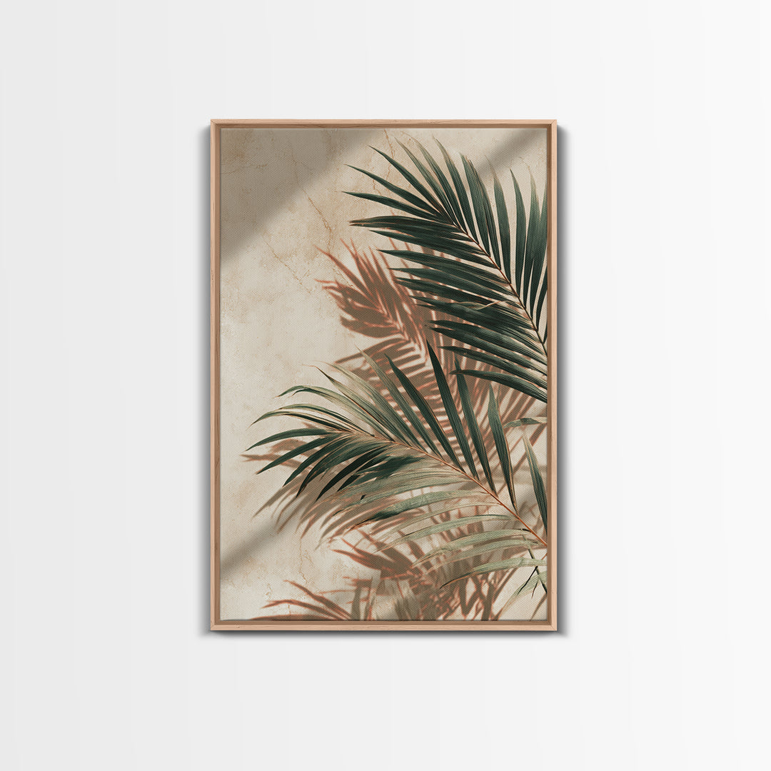 Palm Frond Shadow Botanical Wall Art, Tropical Leaf Canvas Print, Coastal Beige Modern Home Decor For Living Room Bedroom Wall Decor