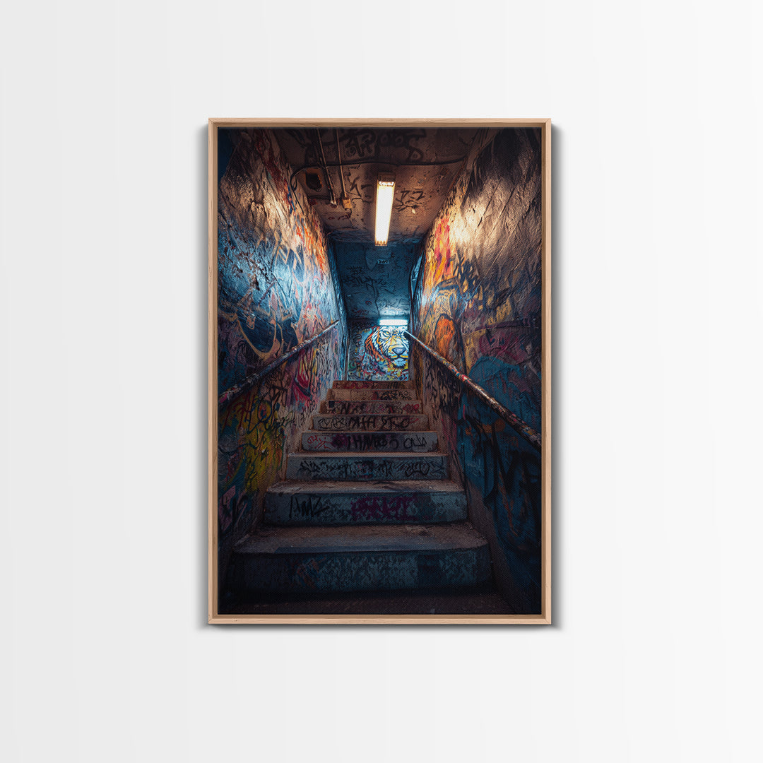 Urban Graffiti Stairwell With Vibrant Street Art Mural And Neon Lights Canvas Print Modern Wall Art For Home Decor And Office