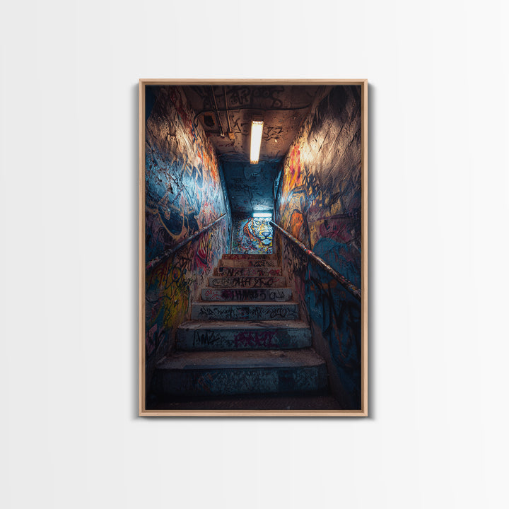 Urban Graffiti Stairwell With Vibrant Street Art Mural And Neon Lights Canvas Print Modern Wall Art For Home Decor And Office