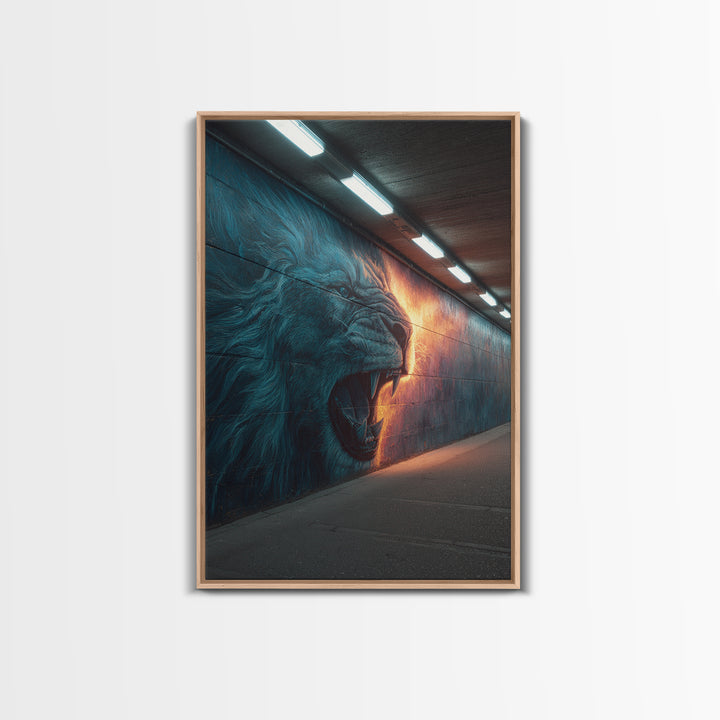 Roaring Lion Graffiti Street Art Mural With Dramatic Lighting Urban Wall Art Canvas Print