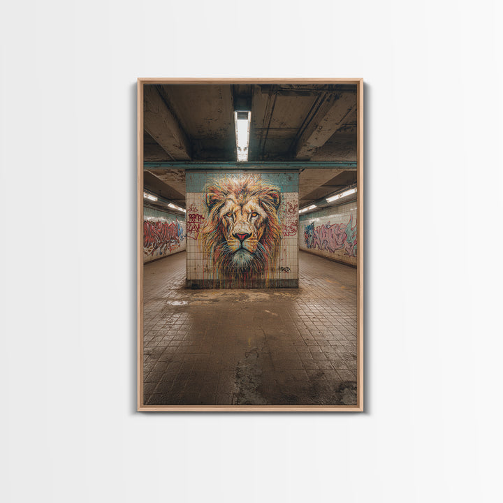 Powerful Lion Portrait Street Art Mural In Urban Tunnel Photography Wall Art Canvas Print For Bold Home Decor