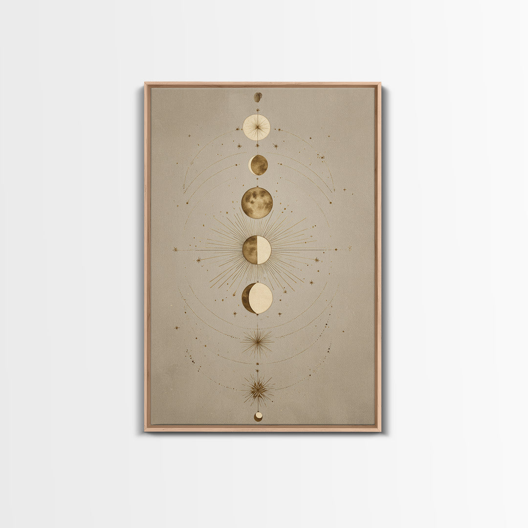 Gold Moon Phases Celestial Wall Art, Mystical Astrology Canvas Print, Boho Lunar Decor For Bedroom Or Meditation Room Decor