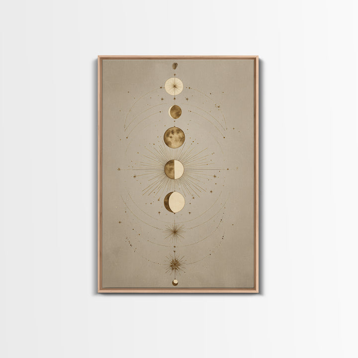 Gold Moon Phases Celestial Wall Art, Mystical Astrology Canvas Print, Boho Lunar Decor For Bedroom Or Meditation Room Decor