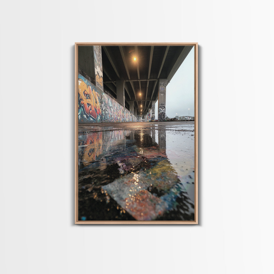 Urban Street Art Graffiti Under Bridge Reflected In Water Puddles Downtown Photographic Wall Art