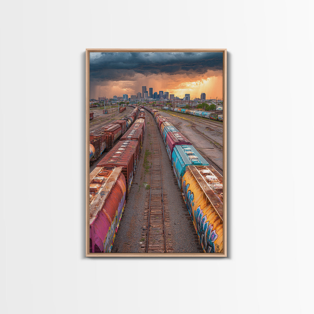 Train Yard Industrial Landscape With Rusty Graffiti Paintings | Contemporary Wall Art Urban Decor Framed Canvas Print